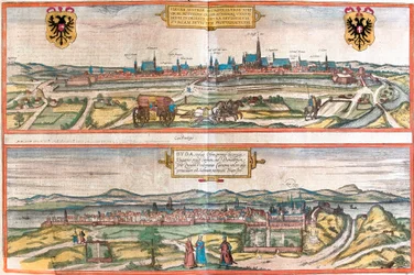 Utsikt över Wien (Wien), Österrike och Budapest (Buda), Ungern (etsning