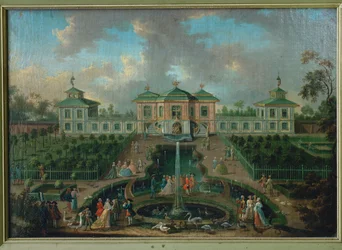Hovlivet i parken vid Augustusburgs slott runt det indiska huset, vy från väster ...