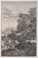 Plåt 1: en bonde som kontrollerar hoven på sin mula vid en bäck, från 