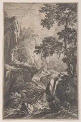 Plåt 2: en jägare som siktar med sin pistol, knäböjer bredvid en stor sten till höger, en ma..., ca. 1700-25.