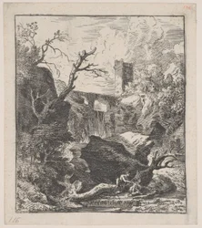 Plåt 2: två figurer som sitter på en trädstam på stranden av en bäck i förgrunden,..., ca. 1700-25.