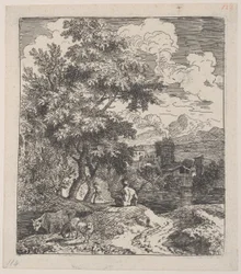 Plåt 3: en herde som sitter på en kulle, en ko och två får till vänster, och en stad i ri..., ca. 1700-25.