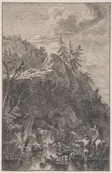 Plåt 5: kvinnlig figur till häst och en mansfigur med en hund stående i en str..., ca. 1700-25.