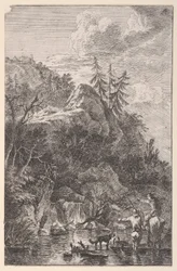 Plåt 5: kvinnlig figur till häst och en mansfigur med en hund stående i en str..., ca. 1700-25.