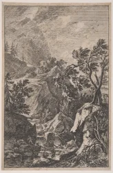 Plåt 6: två mansfigurer som står på en sten till höger, ett vattenfall i mitten med en..., ca. 1700-25.