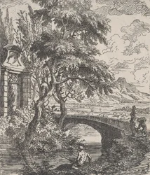 Plåt 7: två figurer till höger på väg över en stenbro, en fiskare i för..., ca. 1700-25.