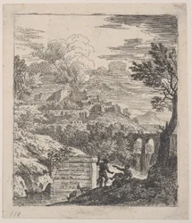 Två herdar vilande bredvid en piedestal, en akvedukt till höger i bakgrunden, en..., ca. 1700-25.