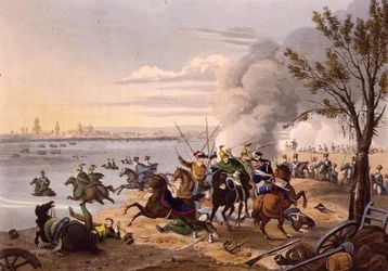Napoleons flykt över Rhen nära staden Mentz Förföljd av de allierade