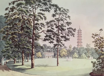 A View in Kew Gardens of the Alhambra and Pagoda, graverad av Heinrich Joseph Schutz (1760-1822), ca 1798 (akvatint)