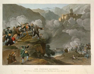 The Tirolese Patriots storming the Fortress of Kuffstein with their Wooden Guns, graverade av John Heaviside Clark (c.1771-1863) och Matthew Dubourg (fl.1813-20) från Historic, Military and Naval Anecd