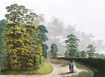 En sidovy av palatset i Kensington Gardens, graverad av Heinrich Joseph Schutz (1760-1822), pub. 1798 av Ackermann (akvatint)