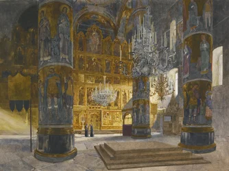 Interiör av Dormitionskatedralen i Kreml i Moskva, 1898
