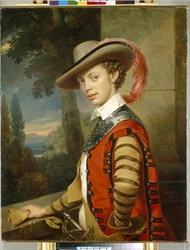 Porträtt av prins Nicolas Saltykov bär en förklädnad. (Porträtt av prins Nikolai Saltykov i kostym). Målning av Franz Kruger (1797-1857), olja på duk