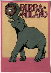 Reklamaffisch för Milanoöl illustrerad av Franz Laskoff (1869-1921) föreställande en elefant som dricker med snabeln direkt från fatet. 1900-talet