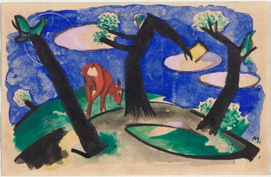 Landskap med rött djur, vykort från Sindelsdorf till Alfred Kubin i Wernstein/Zwickledt