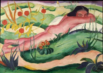 Liggande naken i blommorna, 1910