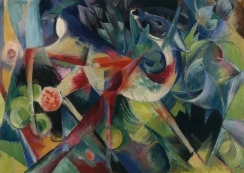 Rådjur i blomsterträdgården. 1913