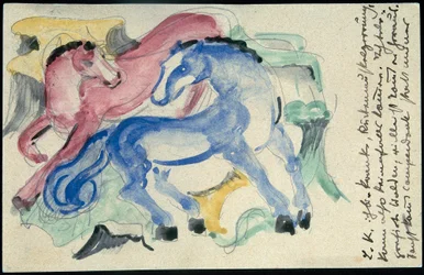 "Röd och blå häst", Franz Marc från Sindelsdorf till Wassily Kandinsky i München: vykort, poststämpel 5 april 1913