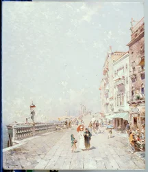 Molo, Venedig, tittar västerut med figurer som promenerar