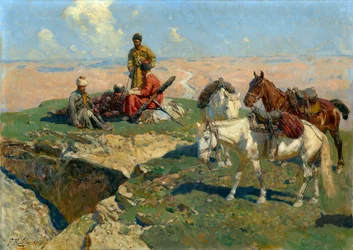 De kaukasiska krigarnas stopp - Målning av Franz Roubaud (1856-1928)
