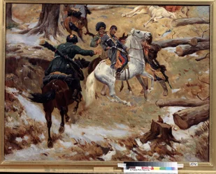 Generalbefälhavaren Nikolai Sleptsov (1815-1851) dödad av tjetjener i strid den 10 december 1851 under Kaukasuskriget (erövringen av Kaukasus) i Tjetjenien. (Generalmajor Nikolay Sleptsovs död under ett slagsmål i Tjetjenien den