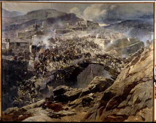 The Siege of Akhoulgo (The Siege of Akhoulgo): År 1839 belägrades Shamil (Imam Shamil, Shamil) (1797-1871) och hans muslimska anhängare från Kaukasus i deras bergsfort, innan de massakrerades av den ryska armén - Målning av Franz Roubaud (1856-19