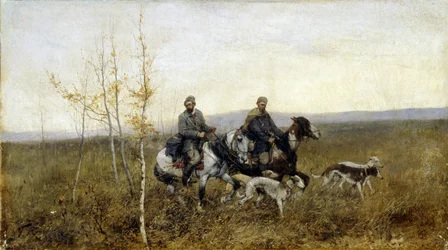 Jägarna. Målning av Franz Roubaud (1856-1928), olja på duk