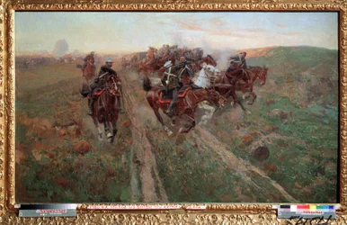 Scen från slaget vid Kuryuk Dara i juli 1854. Målning av Franz Roubaud (1856-1928). Olja på duk