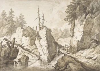 Schweiziskt bergslandskap med liten bro över en bäck, 1751-81.