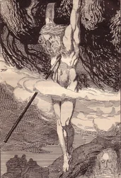Odin hänger på världsträdet. Illustration till The Edda: Germanic Gods and Heroes av Hans von Wo
