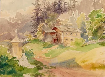 Alpint landskap med bondgård och kvinna framför en helgedom