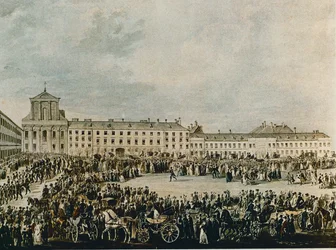 Ludwig van Beethovens begravningsprocession 1827 från Schwarzspanierhaus till Heliga Trefaldighetskyrkan på Alsergasse i Wien (akvarell)