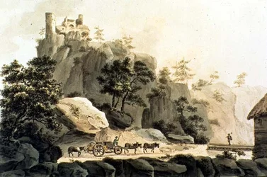 Utsikt över Ribeauville Road och Grand Ribeauville Castle (färggravyr)