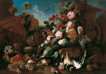 Stilleben med blommor, döda fåglar och ruiner