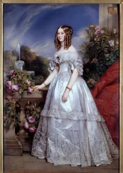 Porträtt av hertiginnan av Nemours Porträtt av segern av Saxe-Coburg-Gotha (1822-1857) hustru till hertigen av Nemours. Målning av M. P. Julien Laurent (1805-1860) efter Franz Xavier Winterhalter. 1846. Paris, Dekorativ konst - Hellängdsporträtt av Du