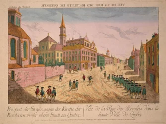 Vuë de la Rue des Recolets de Quebec, publicerad på 1770-talet (handkolorerad gravyr)