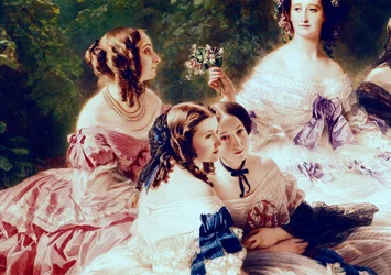 Kejsarinnan Eugenie (1826-1920) och hennes väntande damer, detalj om prinsessan av Essling, baronessan av Pierres och viscountessan av Lezay-Marnesia, 1855