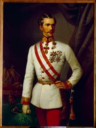Porträtt av Francois Joseph av Österrike var 28 år gammal i ceremoniell uniform (1830-1916). Målning av Francois Xaver Winterhalter (1806-1873)