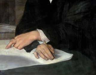 Porträtt av arkitekten Karl Berckmuller (1800-1879), detalj av de korsade händerna på planet. En av dem har en comppas. Målning av Franz Xaver Winterhalter (1806-1873) Ec. Allt.