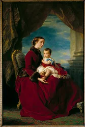 Porträtt av kejsarinnan Eugenie och den kejserliga prinsen. Eugenie de Montijo (1826 - 1920) och hans son med Napoleon III, Napoleon Eugene Louis Bonaparte (1856-1879). Målning av Francois Xaver Winterhalter (1806-1873) Ec. Allt.