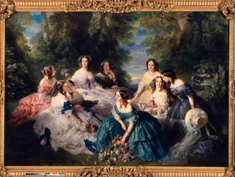 Impress Eugenie (1826-1920) 1855 omgav hedersdamerna i palatset. Nedre vänster till höger: Prinsessan av Essling, Stor Maitress; Baronessa av stenar, viscountess Lezay-Marnezia (Lezay Marnezia); Markisin av Montebello (fröken de Villeneuve). Till