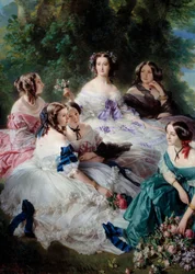 Impress Eugenie (1826-1920) 1855 omger hedersdamerna i Detail Palace, representerande prinsessan av Essling, baronessan av stenar, viscountessan Lezay-Marnesia, kejsaren högst upp i vitt och markisinnan av Montebello på de