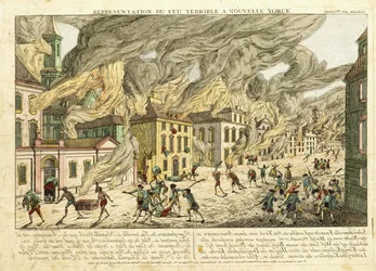 Vy över New York under den stora branden 1776; Representation du Fue Terrible a Nouvelle York, 1780