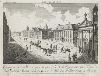 Vue d’Optique/Prospect des grossen Platser gegen der Alten Sud Kirche der Presbiterianer zu Boston (Optisk vy/vy över de stora torgen mot Old South Presbyterian Church i Boston), ca. 1776 (etsning och gravyr, ofärgad på lagt papper)