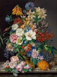 Blomstersak med ananas, vindruvor och papegoja