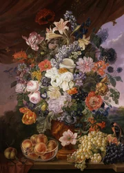 Frukt och blommor på en avsats med landskap. Målning av Franz Xaver Petter (1791-1866) Privat samling.