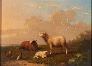 Får och kycklingar på en äng (olja på panel)
