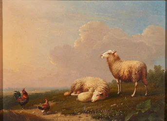 Får och kycklingar på en äng (olja på panel)