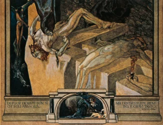 Österrike, Wien, Illustration av Dante Alighieris gudomliga komedi (Helvetet, sång XXII) av Franz von Bayros, detalj