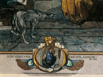 Österrike, Wien, Illustration av Dante Alighieris gudomliga komedi (skärselden, sång XI) av Franz von Bayros, detalj